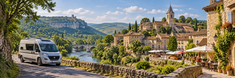 Camper route through beautiful villages in France with a camper, river, viewpoint and historic village