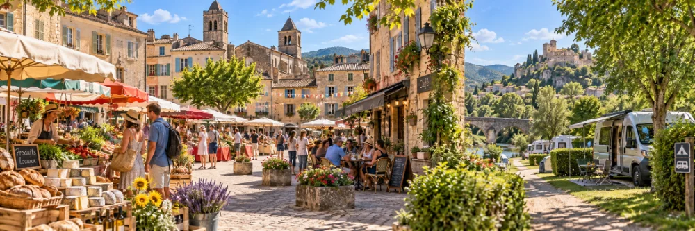 Market towns in France with campsites, market stalls, terraces, local products and a motorhome stop nearby