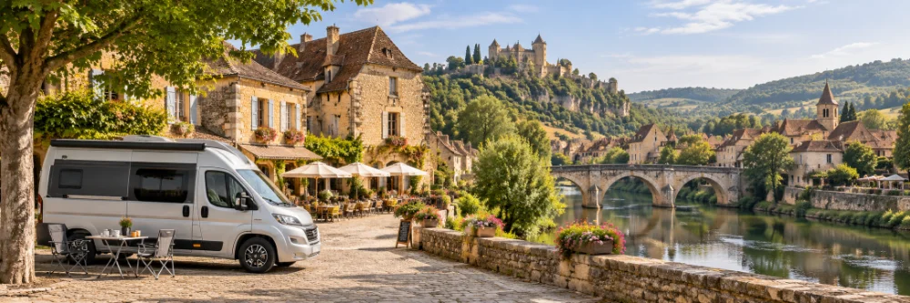 Mooie dorpjes Frankrijk met camper aan een rivier, terras en historisch dorpscentrum