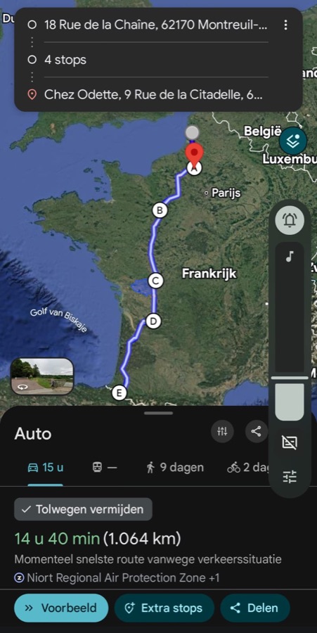 Dezelfde route geopend in Google Maps met start, tussenstops en bestemming